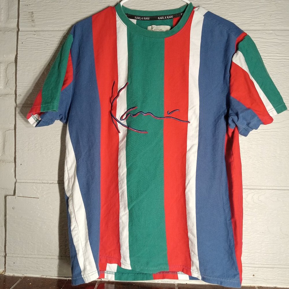 Vintage Karl Kani Embroidered Logo 90s Vertical Stripe T-shirt